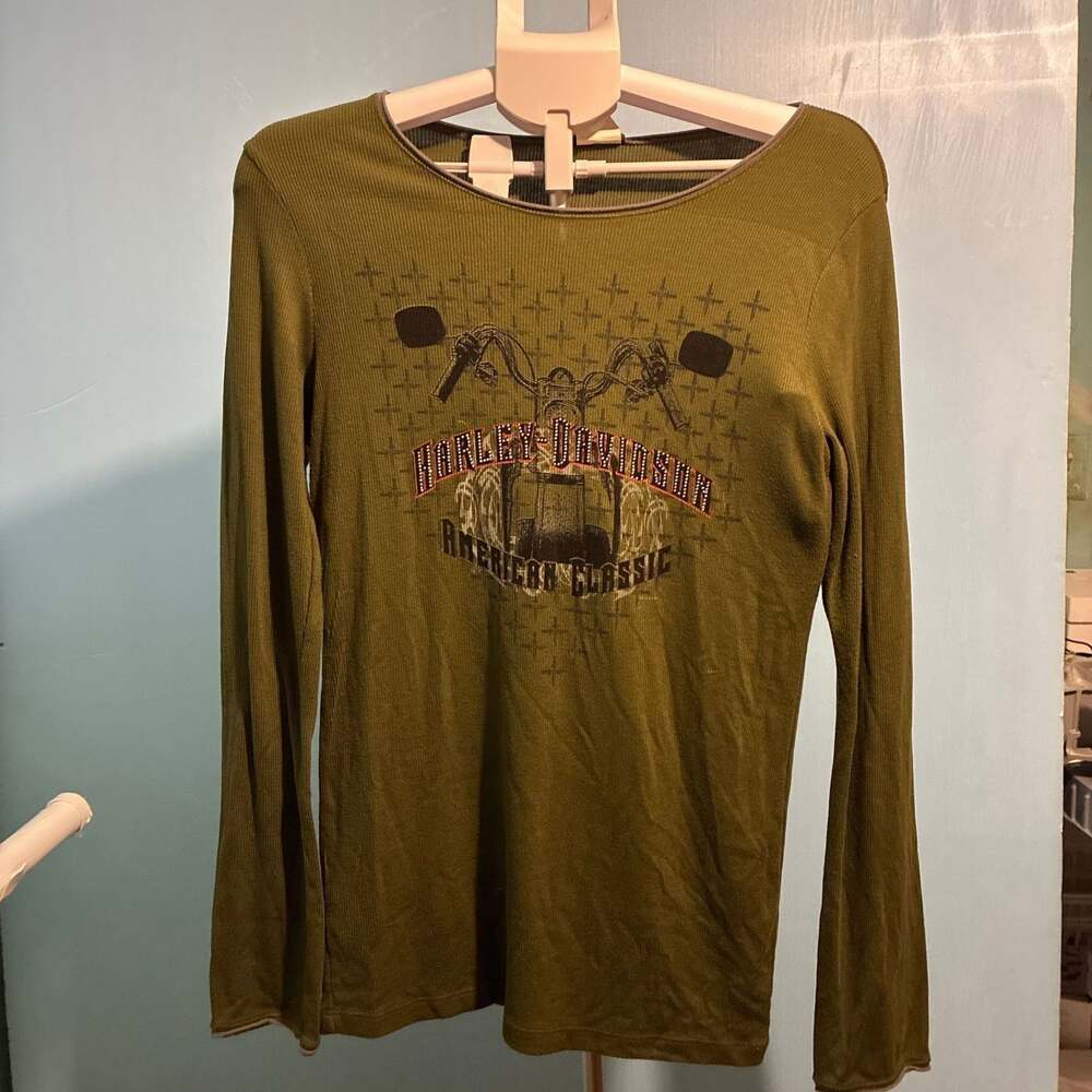 Harley Davids  Ribbed Top Womens Large Olive Green Studded Long Sleeve